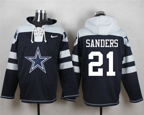 Nike Cowboys #21 Deion Sanders Navy Blue Player Pullover NFL Hoodie - Click Image to Close